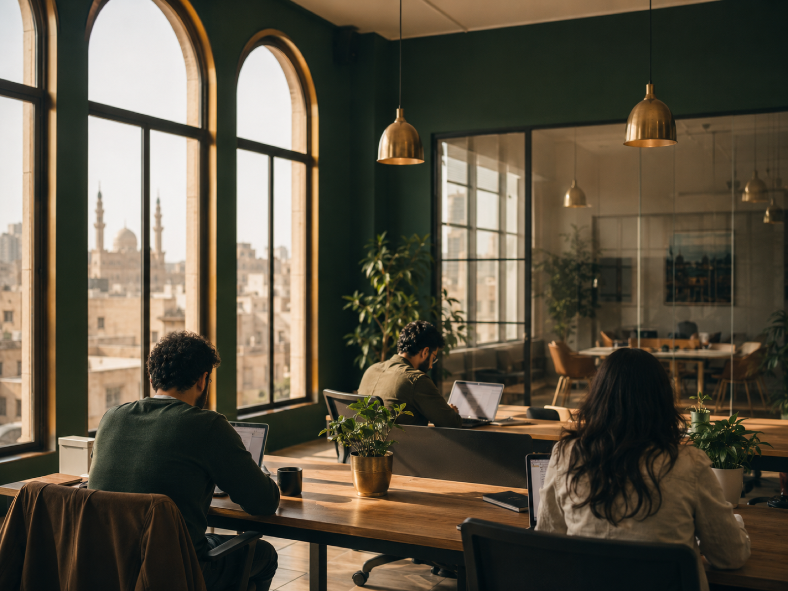 A coworking space in Cairo, arched windows and warm afternoon light